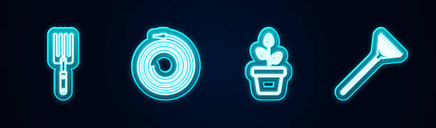 istock Set line Garden fork, hose fire hose, Flowers in pot and rake leaves. Glowing neon icon. Vector 2199303533