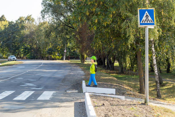A pedestrian crossing with a plastic child safety figure near a road, emphasizing traffic awareness and pedestrian safety in a suburban area.