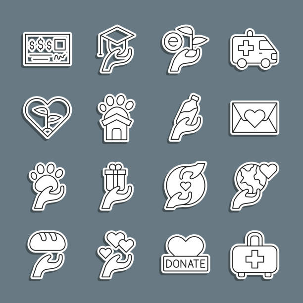 istock Set line First aid kit, Hand holding Earth globe, Envelope with heart, Leaf hand, Animal shelter house, Bank check and Donation water icon. Vector 2199306979