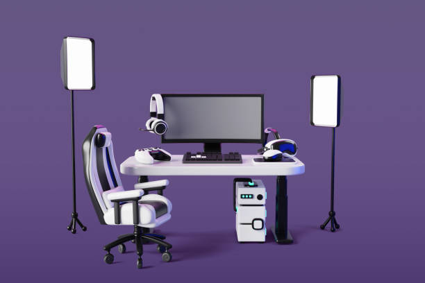 istock Workplace of game streamer 3d render. Room interior with computer on table, chair, headphones with microphone, light softbox on tripod. Home studio of stream video in social networks 2199307002