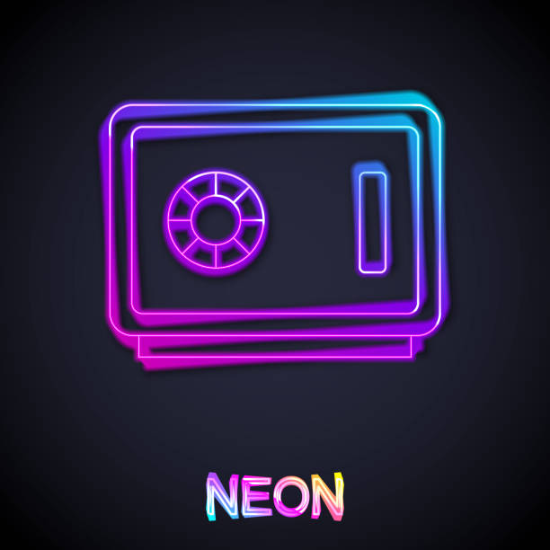 istock Glowing neon line Safe icon isolated on black background. The door safe a bank vault with a combination lock. Reliable Data Protection. Vector 2199308813