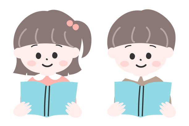 istock Japanese girl and boy reading books side by side Education Learning Illustration 2199310446