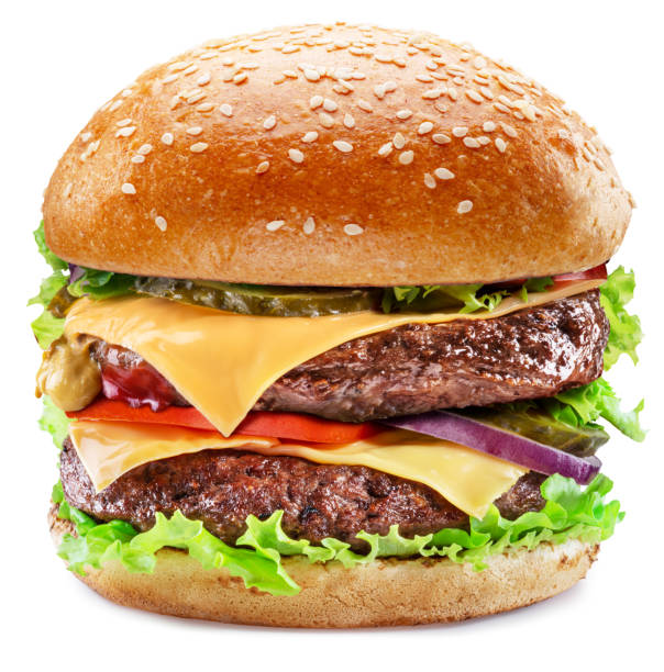 istock Appetizing cheeseburger with two patties close up on white background. File contains clipping path. 2199310574