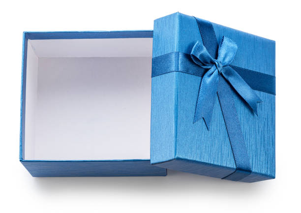 istock Blue gift box and lid with satin bow near it, top view, isolated on white background. File contains clipping path. 2199310575