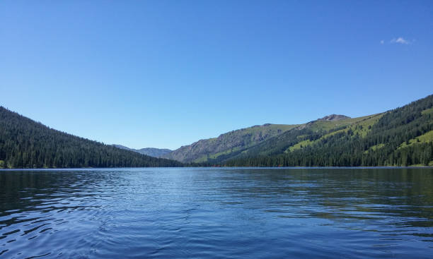 istock mid to water surface, forest and mountains against blue sky 2199314833
