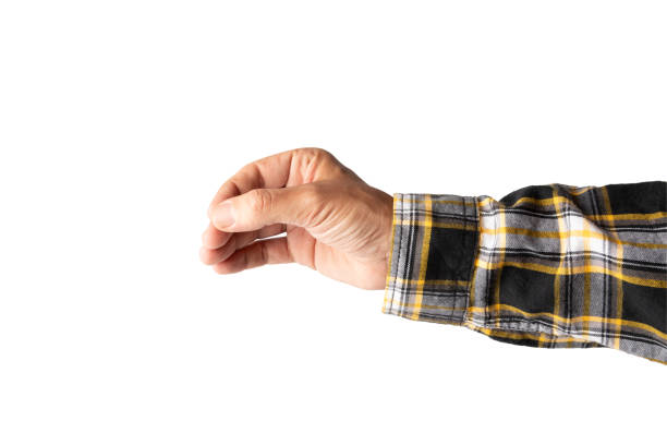 istock Male hand with classic shirt doing grab gesture isolated on white background 2199317310
