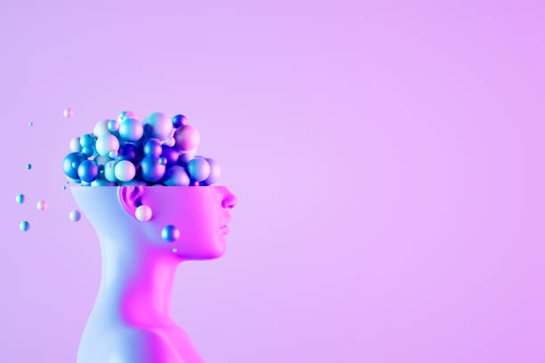 Sliced Cyborg Head with Floating Spheres Inside, Artificial Intelligence Concept stock photo