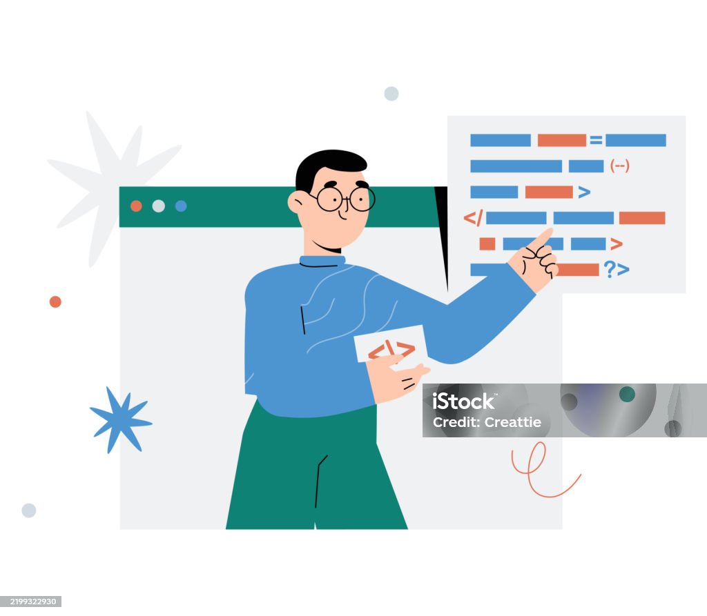Male Developer Writing Code In Flat Vector Illustration Symbolizing ...