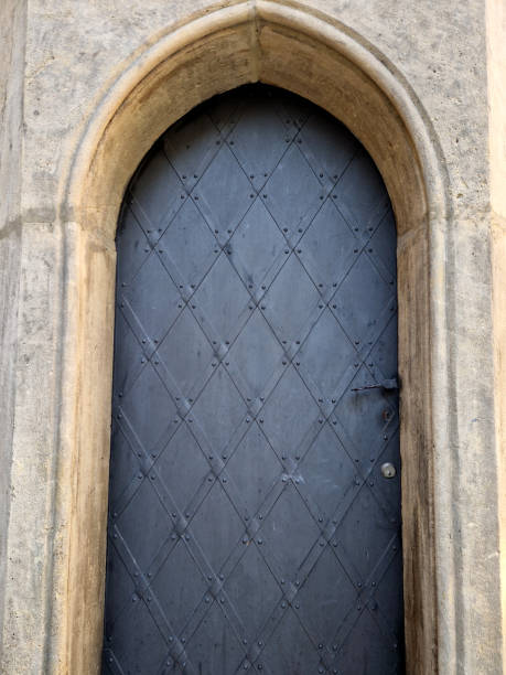 istock Wrought iron door with grid pattern. medieval style with rivets and bands of steel. beautiful and stylish fortress gothic with flowers shape. 2199323868