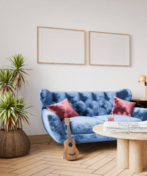 istock Frame mockup, interior frame, poster wood frame element and living room in empty picture interior horizontal wooden floor There in illustration 3d render 2199327321