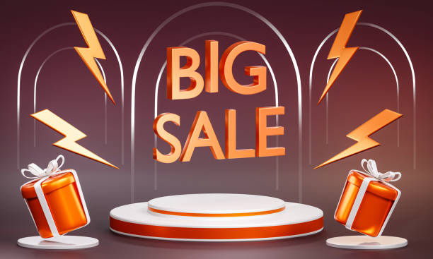 istock 3d Big Sale Promotion with Gift Boxes and Lightning Bolts 2199327704