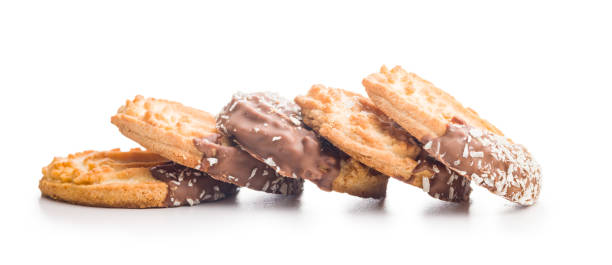 istock Sweet chocolate cookies isolated on white background. 2199328653