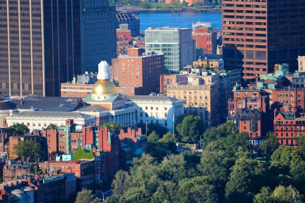 Boston city, USA. Aerial view with Massachusetts State House and Beacon Hill area.