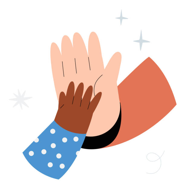 Child And Adult High Five In Flat Vector Illustration Symbolizing Guidance, Support, And Encouragement, Isolated On White Background Childs small hand high fives an adults larger hand, symbolizing mentorship, encouragement, and trust. Flat vector illustration about child guidance and support, isolated on white background honored-babies stock illustrations