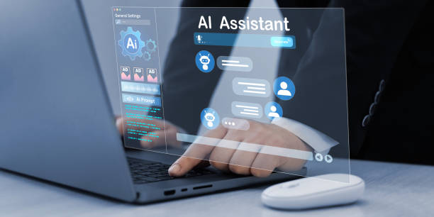 istock Person using laptop with Ai Content Generator. Interaction with the Ai assistant to solve some tasks more easily. Image generator, documents, marketing and advertising, bot writing and coding. 2199342030