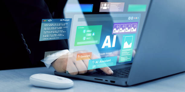 istock Person using laptop with Ai Content Generator. Interaction with the Ai assistant to solve some tasks more easily. Image generator, documents, marketing and advertising, bot writing and coding. 2199342034