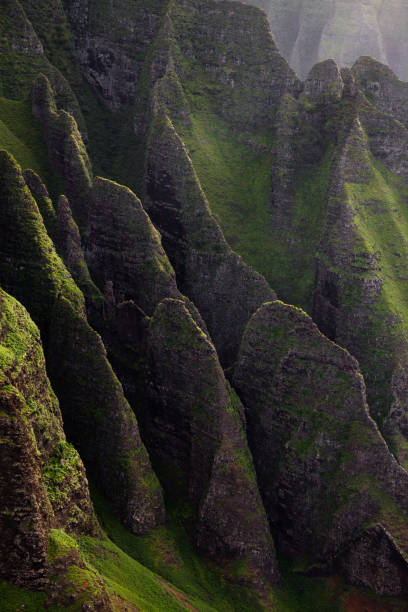 istock Napali Coast Massive Rippled Mountains in Intense Shadows from Helicopter View in Kauai Hawaii 2199349532