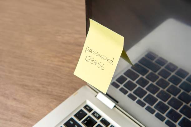 Sticky note with the word password 123456 on a laptop keyboard. Data protection, password strength concept.