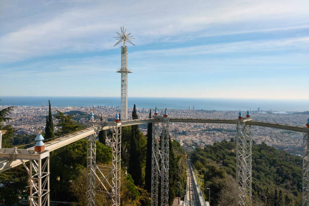 Barcelona, Spain, January 2, 2025: A scenic view from the roller coaster at tibidabo amusement park in barcelona, offering a spectacular panorama of the city and the mediterranean sea. the juxtaposition of thrill and serene landscape adds to the allure of this iconic spot.