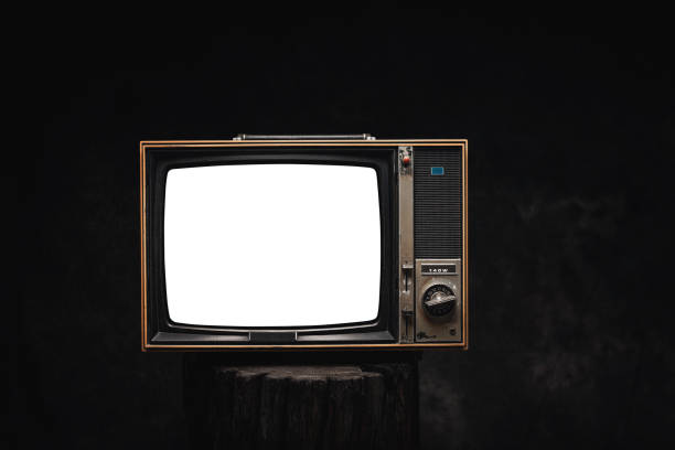 istock Retro old TV and cut out screen with clipping path on black background, closeup, front view 2199353066