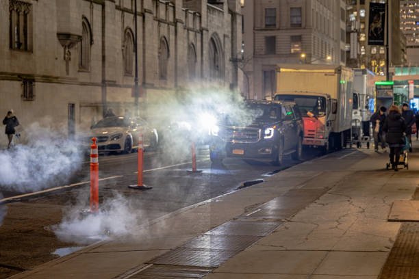 Lower Manhattan in New York steam at night