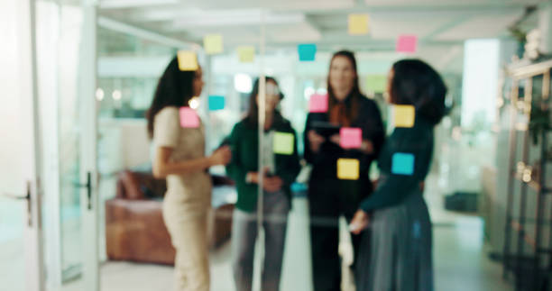 Blur, scrum and project management with business people in office for schedule, teamwork and task progress. Meeting, timeline and workshop with employees for sticky note, training and moodboard