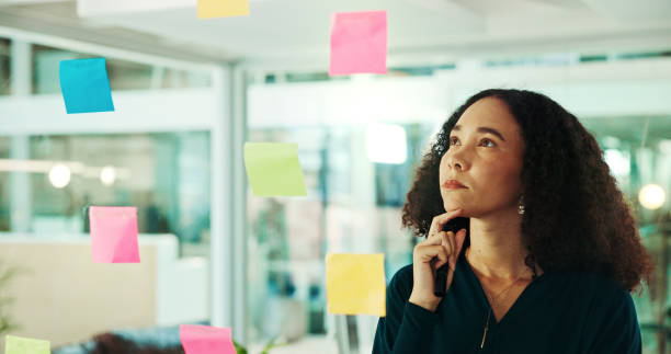 istock Woman, thinking and schedule planning with glass board for tasks, agenda or reminder at office. Female person, thoughtful or business employee with sticky note for solution, project or decision 2199364671