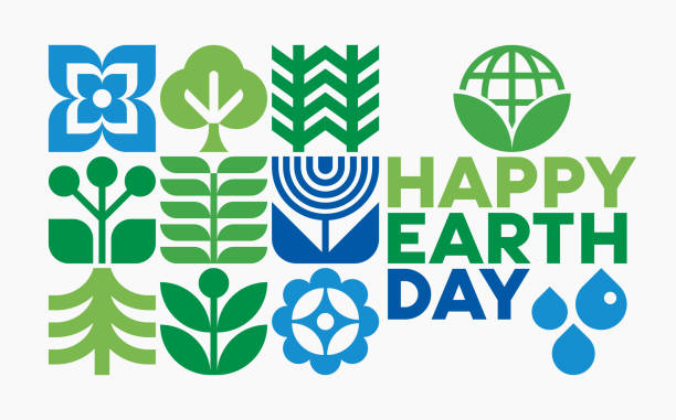 Earth Day concept design with geometric icons of trees, flowers and plants. Environmental conservation illustration.