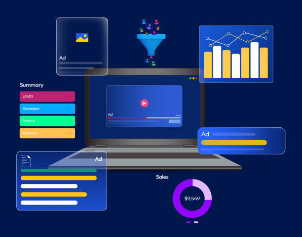 istock Video marketing and advertisement concept online with leads and ads floating around on the blue backdrop. Laptop showing ads infographics on the screen, design 2199372847