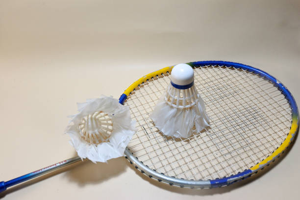 badminton sports equipment, rackets and shuttlecocks on a cream background