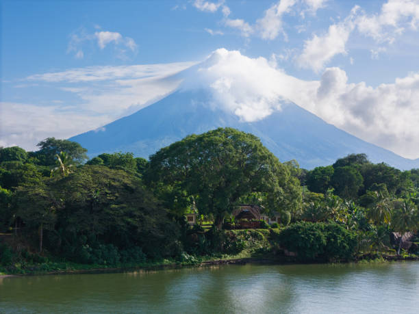 Green lake shore of Ometepe island with Concepcion volcano landscape