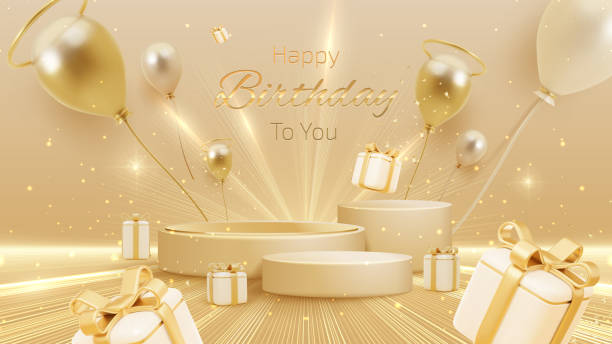 istock Golden empty podium with realistic 3D elements, luxury style, gift boxes, balloons and ribbons, elegant happy birthday background design concept. 2199381054
