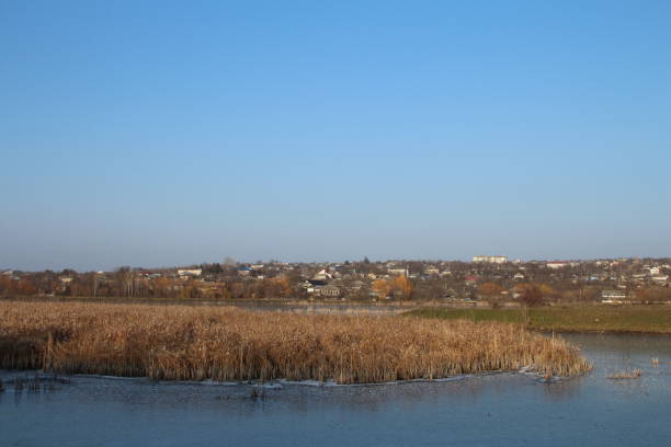 A sign over a body of water. Grass. Outdoor. Sky. Nature. Blue