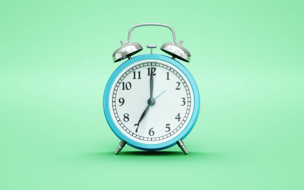 3d render Blue Alarm Clock Reaching 7 on Light Green Soft Background, Concept of Time