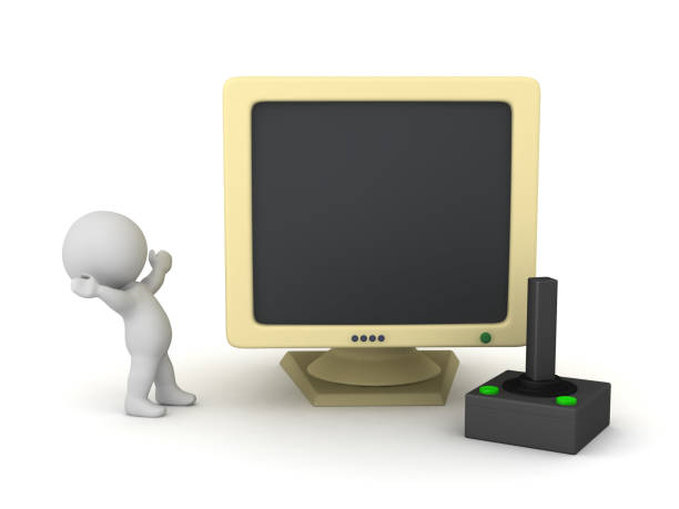 A happy 3D guy with a retro computer. Image isolated on white background.