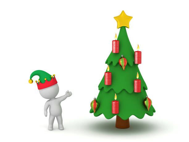 A 3D elf guy showing a Christmas tree. Image isolated on white background.