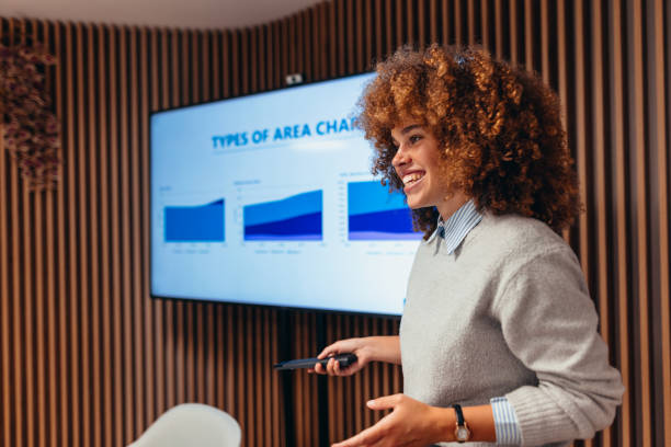 istock Young businesswoman giving presentation using remote and digital screen 2199395081