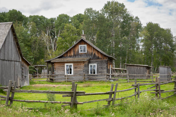 St-Felicien zoo, Quebec, Canada - August 01, 2023: Old property in meadow, editorial.