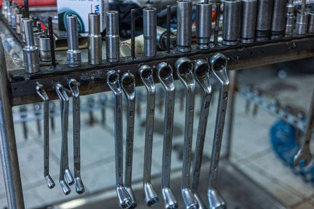 Wrenches set in the workshop stock photo