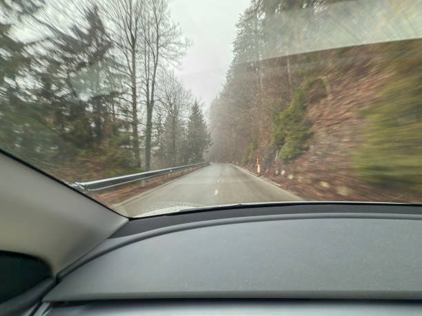 A misty forest road seen from inside a moving car, capturing the driver’s perspective. The damp road, foggy atmosphere, and blurred motion create a sense of travel, adventure, and exploration through nature. Ideal for themes of road trips, driving safety, and scenic journeys.
