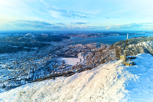 Ulriken cable car station and aerial winter view of Bergen, Norway