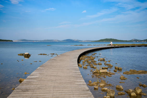 istock Tranquil wooden path leading to serene waters with distant hills under a clear blue sky. 07.04. 2022 Croatia, Sibenik 2199413340