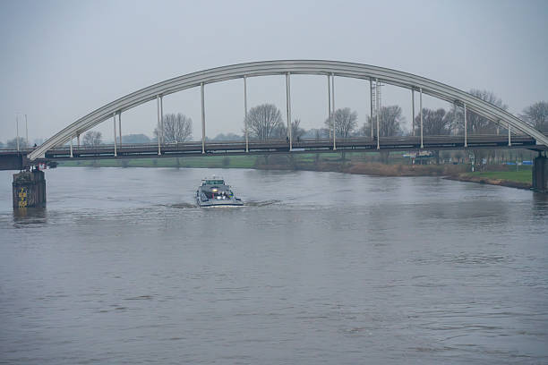 Karlsruhe, Germany - June 26, 2022: Fire ship in Karlsruhe on the Rhine River.