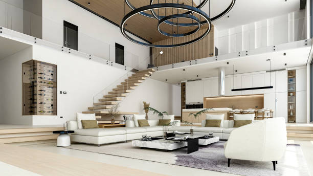istock Luxury Modern Loft Interior with Open Space Living Room and Kitchen, 3D Rendering 2199434139