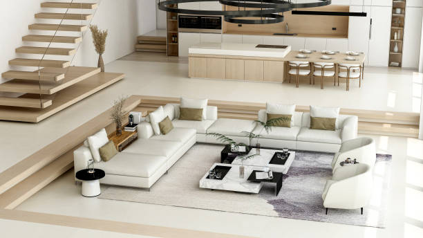 istock Luxury Modern Loft Interior with Open Space Living Room and Kitchen, 3D Rendering 2199434160