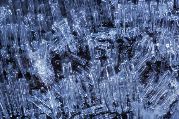 Frost Ice Crystals Formed on the wood in Nature. Abstract nature. Cold winter day