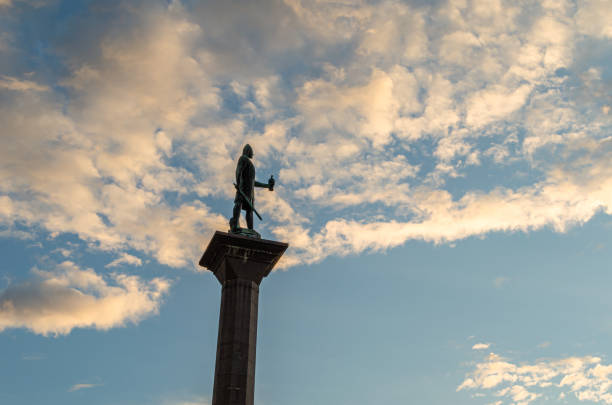 Trondheim, Norway - July 22, 2014: Statue of Olav Tryggvason (King of Norway from 995 to 1000) in Trondheim, Norway. Sculpted by Wilhelm Rasmussen, it honors the founder of the city. The statue was unveiled in 1921