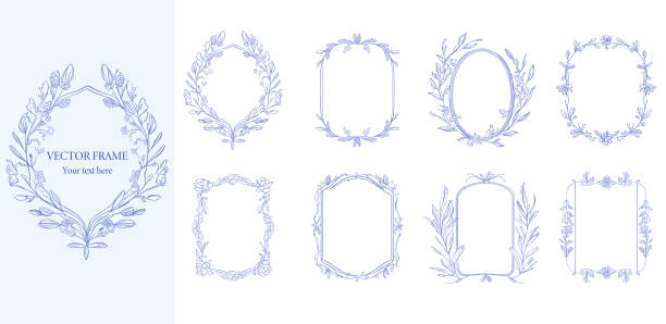 Floral Frame set . Blue color botanical vector illustration. Flower wreath of decorative art.