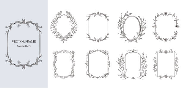 Floral Frame with ribbon and bow set . Hand drawn Botanical vector illustration. Flower wreath Black and white.