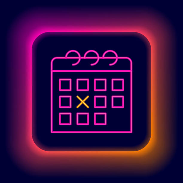 istock Glowing neon line Calendar fitness icon isolated on black background. Training schedule. Colorful outline concept. Vector 2199466882